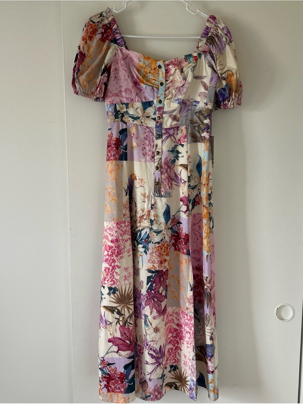 Unique Vintage Floral Patchwork Midi Dress in Cream, Pink, Purple